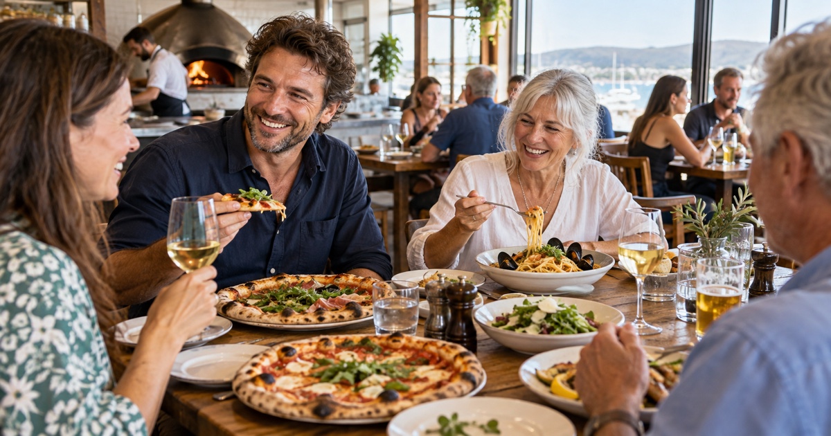 Group sharing pizza pasta salad and Italian starters around one table