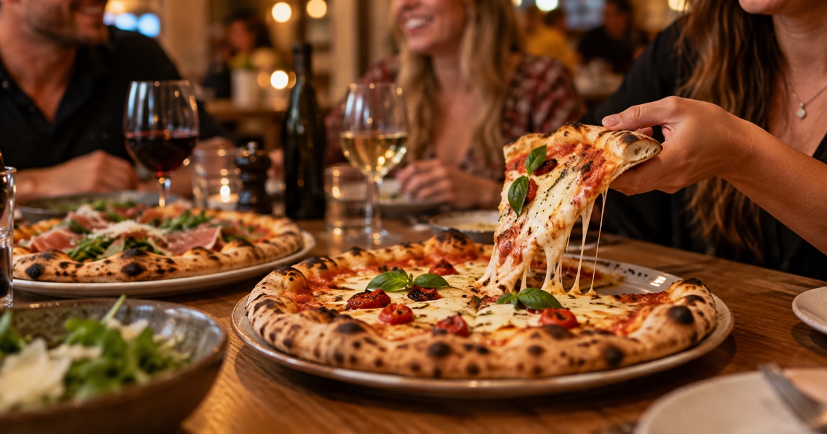 Wood-fired oven baking pizza with visible heat and a turning peel