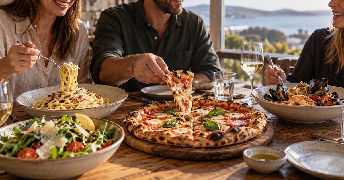 Italian lunch table with pizza salad and natural daylight in Albany