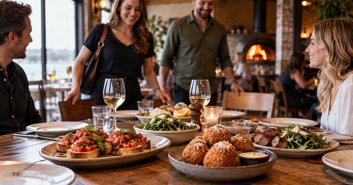 Colourful Italian meal with seafood pizza pasta and salad for a celebration