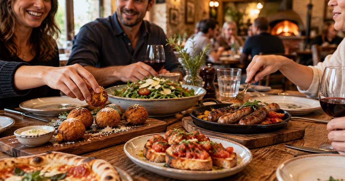 Two diners dividing pizza and pasta comfortably at an Italian restaurant