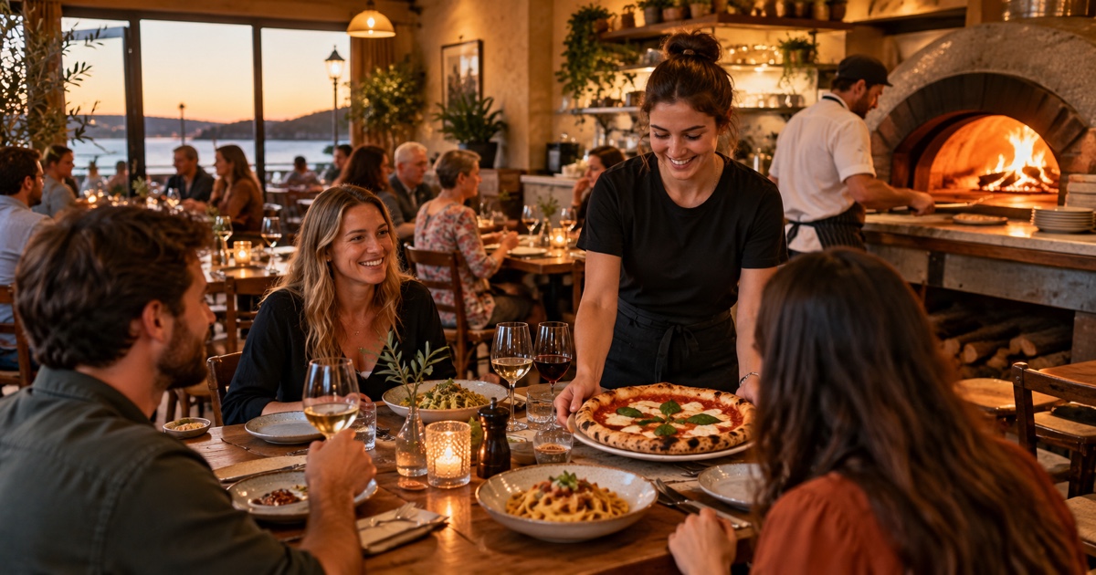Server speaking with diners beside an Italian meal in a welcoming setting