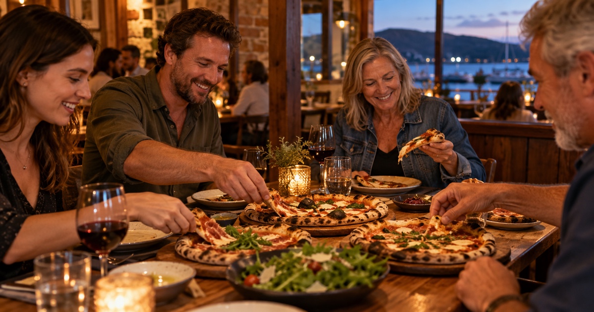Several pizzas with different toppings arranged for a group dinner