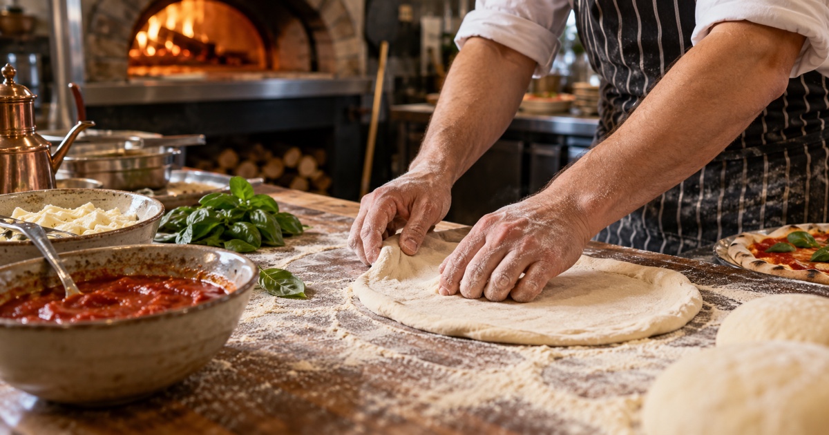 Hands serving freshly sliced pizza onto individual plates at a shared table