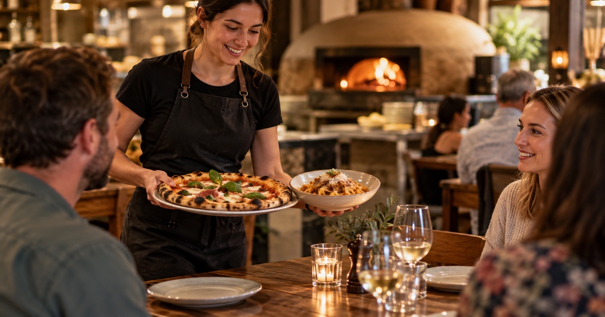 Wood-fired pizza being turned with a peel inside a glowing oven