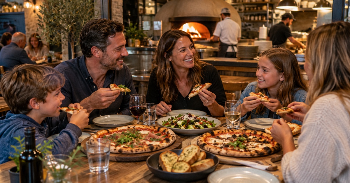 Fresh pizzas arriving progressively at a relaxed group restaurant table