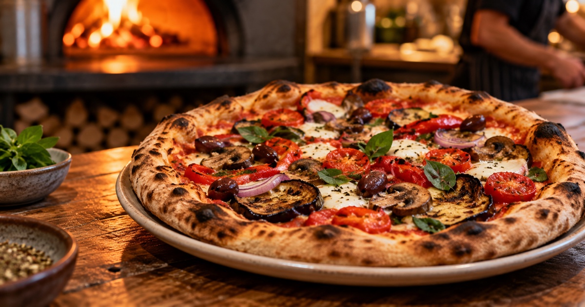 Colourful vegetarian pizza with capsicum olives mushrooms tomato onion and eggplant