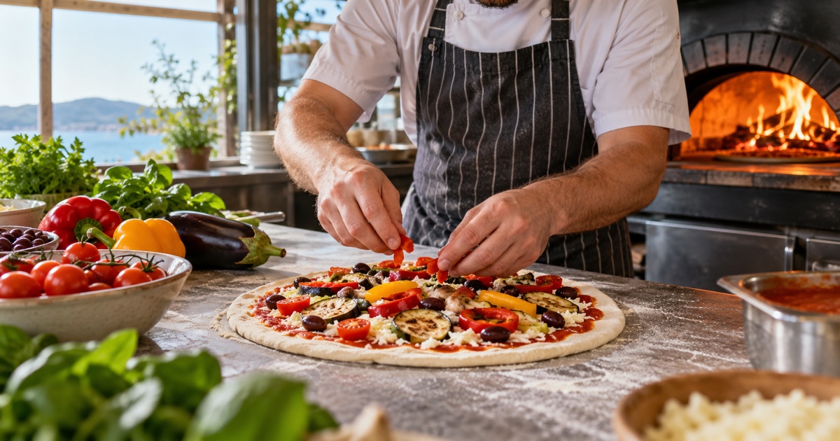 Roasted mushrooms capsicum onion and eggplant prepared as pizza toppings